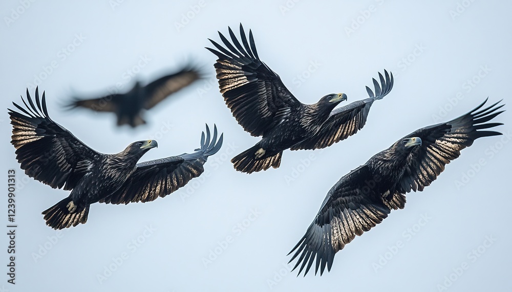 Naklejka premium Eagles soaring in cloudy sky, another eagle visible behind
