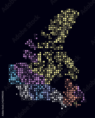 Canada, shape of the country built of colored cells. Digital style map of Canada on a dark background. Small size square blocks. Stylish vector illustration.
