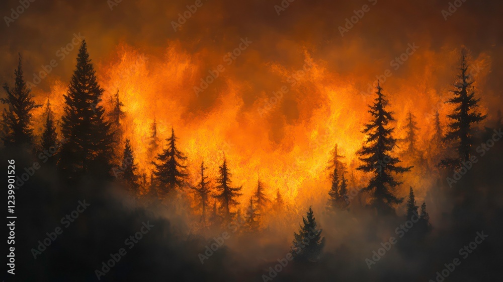 Fiery wildfire engulfing a forest at night, creating a dramatic and intense scene with smoke and flames.