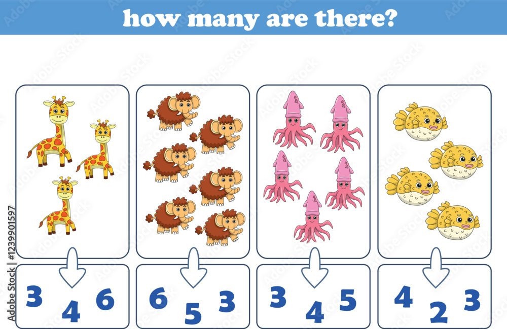Counting game of wild animals for preschool kids. Printable. Vector Illustration