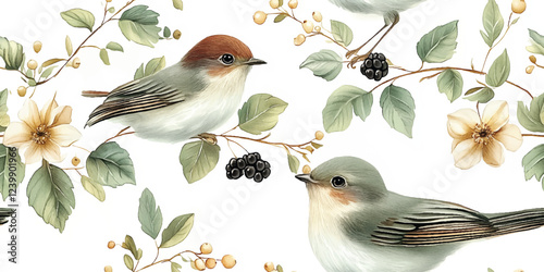 Vector illustration of seamless floral pattern with little birds in spring and blackberries branches for Wedding, anniversary, birthday and party. Design for invitation card, picture frame, poster