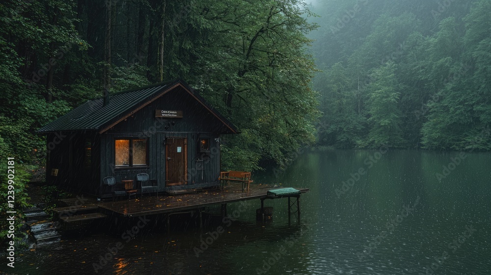 Obraz premium Rainy lake cabin, forest backdrop, tranquil escape