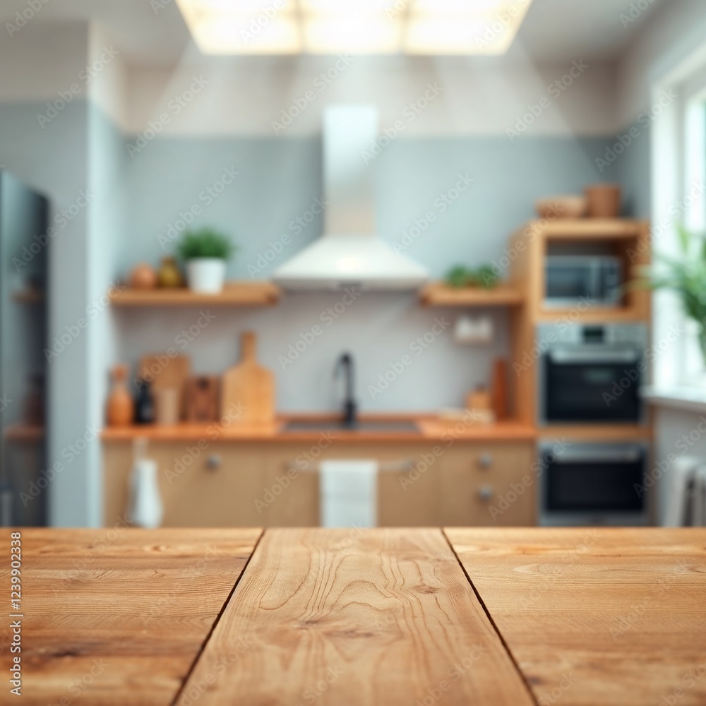 Fototapeta premium Empty wooden table in front of blurred modern kitchen interior