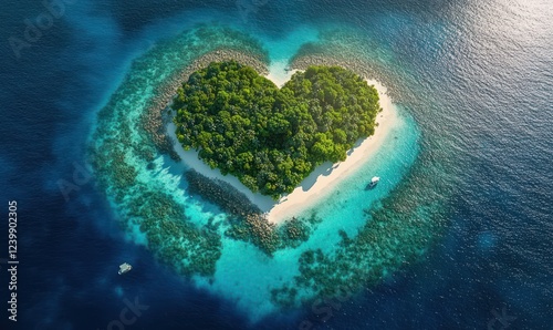 Aerial View of Heart Shaped Island in Turquoise Waters Paradise with Vibrant Coral Reefs and Lush Greenery