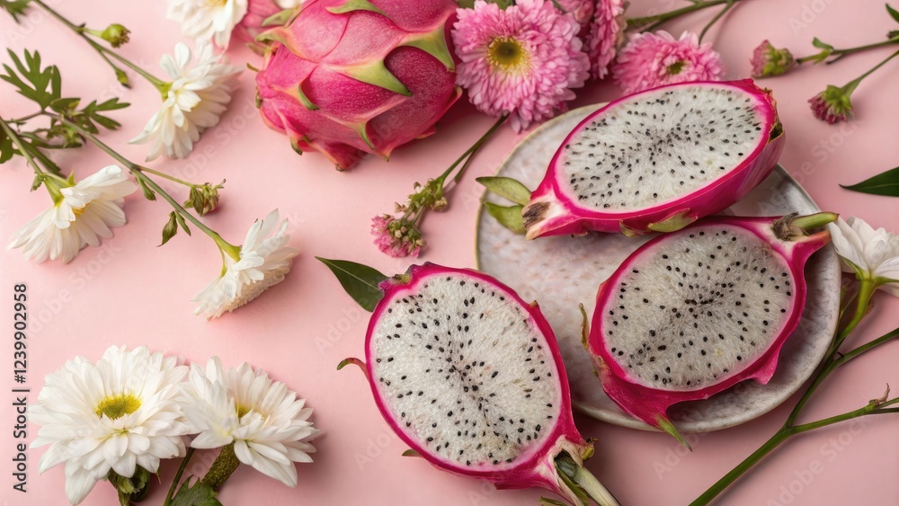 Freshly cut dragon fruit slices on a pink background with fresh flowers, herbaceous accents, fresh flowers Freshly cut dragon fruit slices on a pink background with fresh flowers, herbaceous accents, fresh flowers