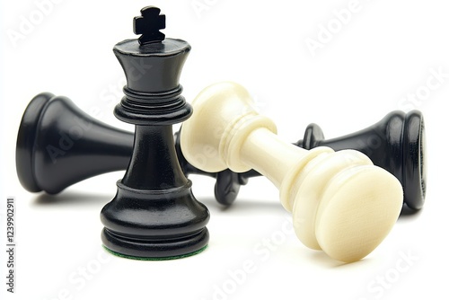 Chess Game Pieces with Black and White Kings on a White Background Representing Strategy, Competition, and Intellectual Challenge in a Close-Up View