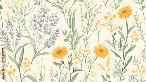 Delicate Watercolor Floral Pattern Featuring Yellow and Lavender Blooms