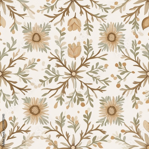 Wallpaper Mural Seamless Beige and Green Floral Pattern Elegant Botanical Design Torontodigital.ca