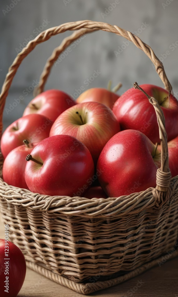 Closeup of four red apples in a wicker basket , still life, harvest Closeup of four red apples in a wicker basket , still life, harvest