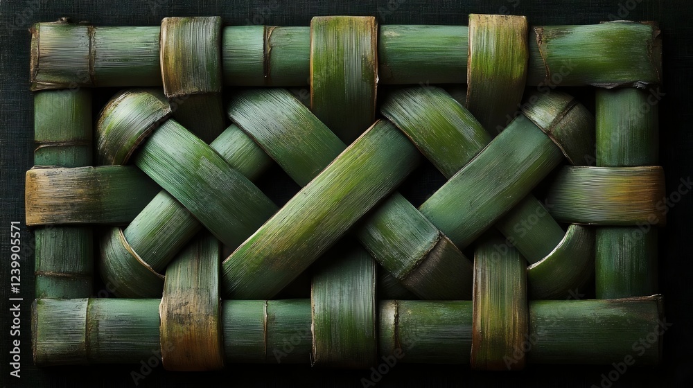 A green and brown woven basket made of bamboo A green and brown woven basket made of bamboo