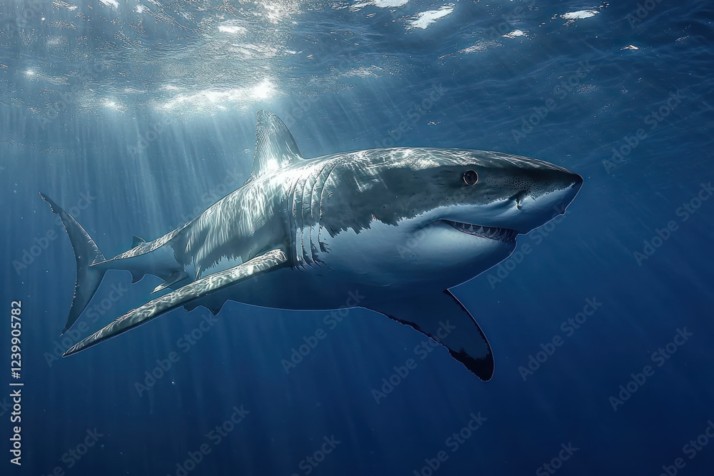 Fototapeta premium Great White Shark Swimming in Clear Blue Ocean Underwater Photography Predator Hunting