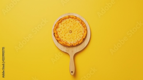 Top view of a pizza resting on a wooden retrieving peel