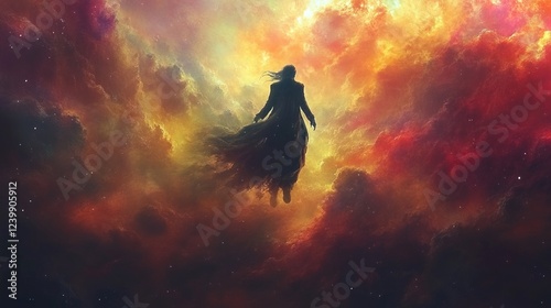 Figure ascending through colorful nebula space background, spiritual journey