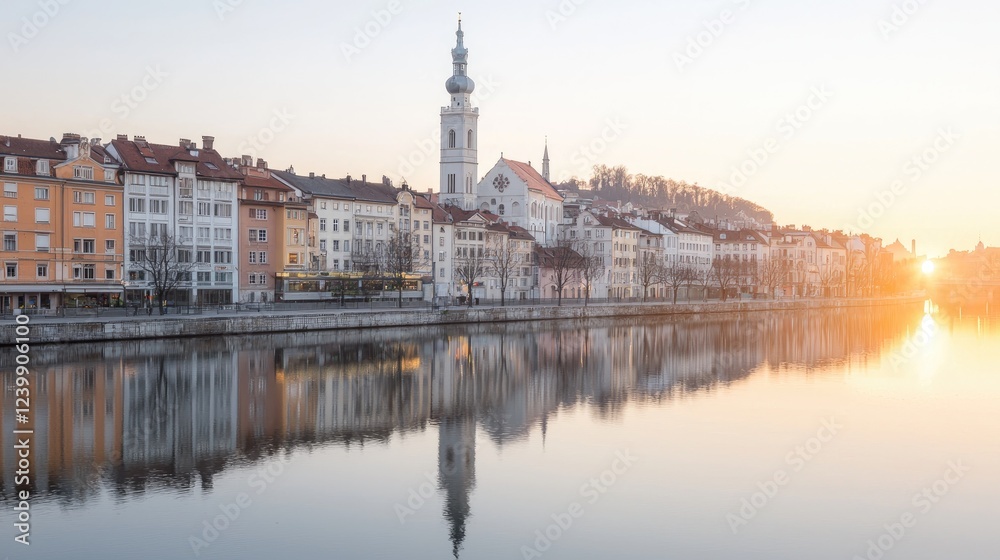 Fototapeta premium Sunrise over river, cityscape reflection, calm waters, historic architecture