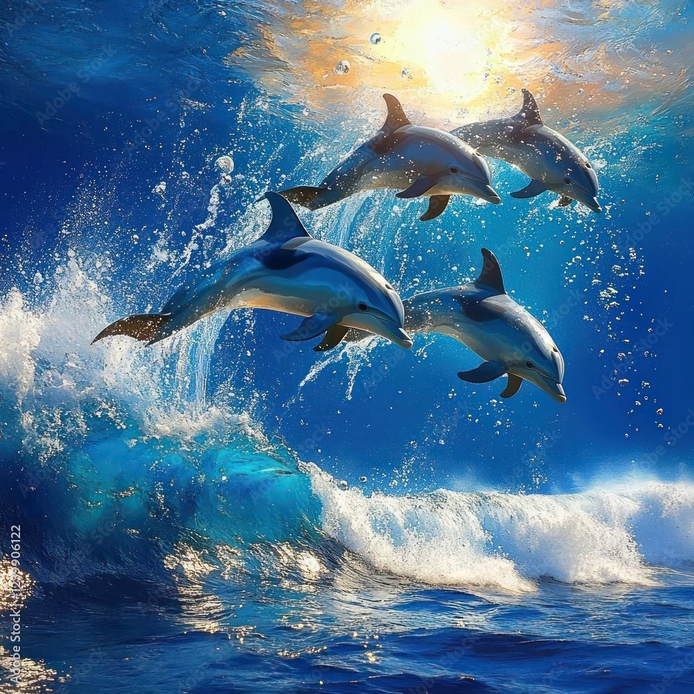 Naklejka premium Playful Dolphins leaping in a Vibrant Ocean Sunlight