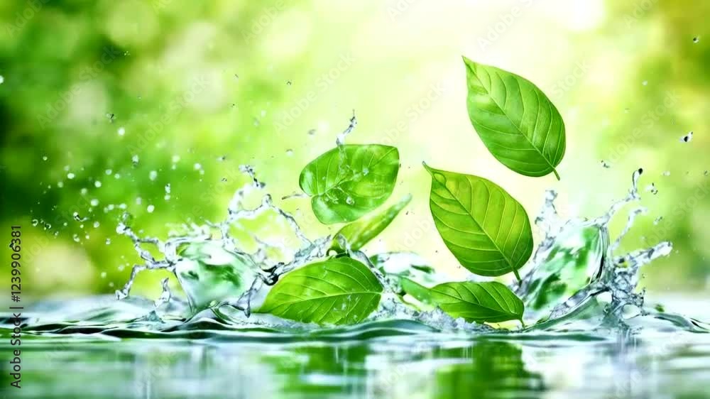 Fresh green leaves splashing into tranquil water with sunlight Fresh green leaves splashing into tranquil water with sunlight