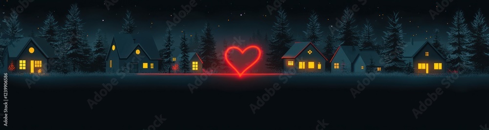 Fototapeta premium Romantic Village Silhouette at Night with Heart Line and Pine Trees
