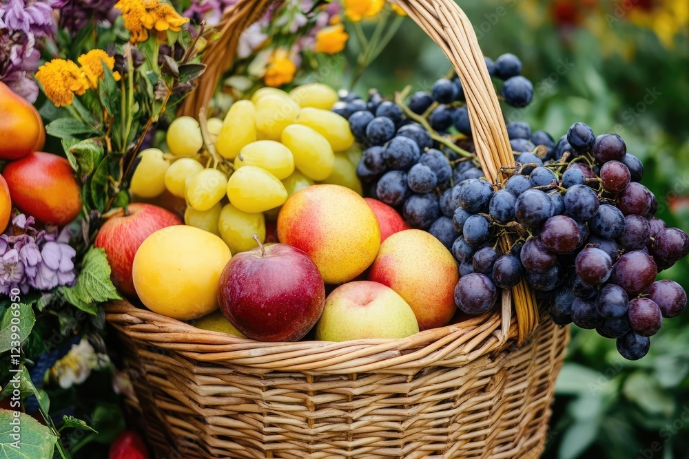 fresh market harvest basket overflowing with seasonal fruits fresh market harvest basket overflowing with seasonal fruits