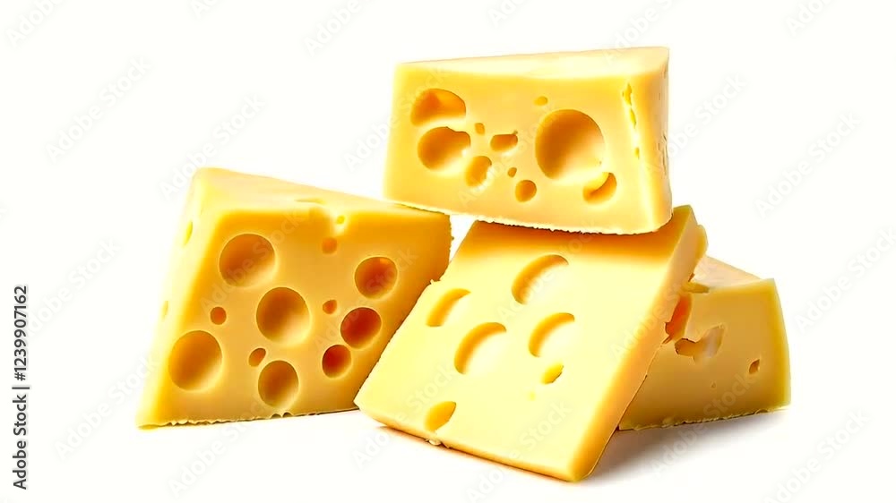 Fresh yellow cheese blocks stacked artistically on white background