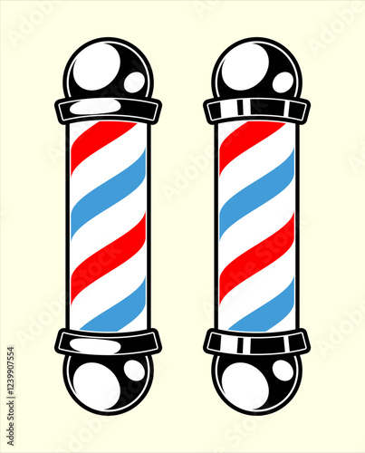Barber pole icon vector sign illlustration design isolated. Colorful Classic Barber shop Pole signboard with a shop pole with red, blue and white stripes isolated on cream background.