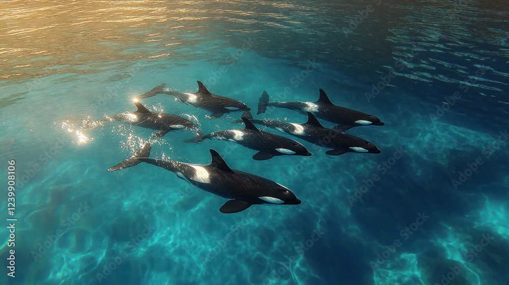 Fototapeta premium Playful Orcas Swimming in Turquoise Waters Under Soft Sunlight