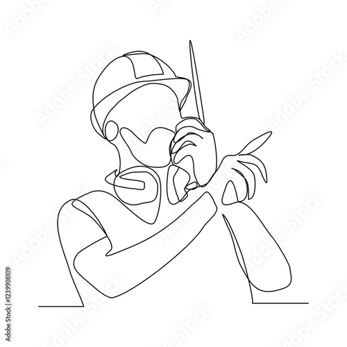 Continuous single line sketch drawing male architect engineer constructor building talking with walkie talkie radio control receiver. One line art of occupation professional work vector illustration