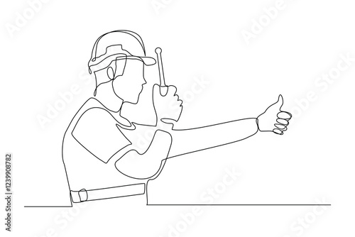 Continuous single line sketch drawing male architect engineer constructor building talking with walkie talkie radio control receiver. One line art of occupation professional work vector illustration