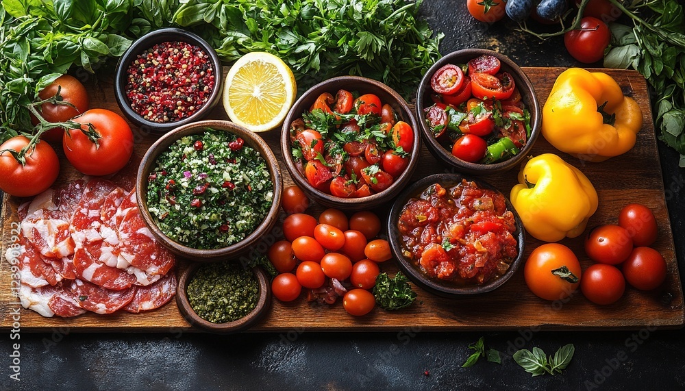 Fresh tomato salsa, dips, herbs, charcuterie on board Fresh tomato salsa, dips, herbs, charcuterie on board