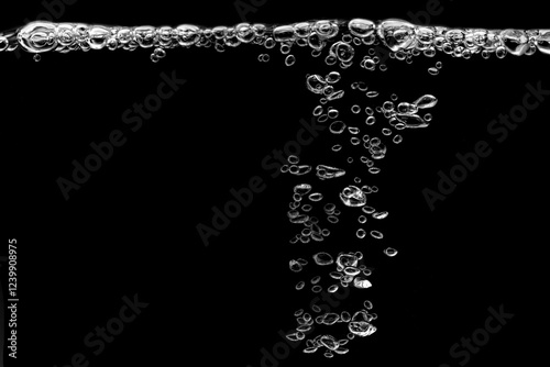 White bubbles, liquid, black background, abstract isolated, oxygen design concept, underwater, water droplets, small under the sea, soda effect, transparent	
