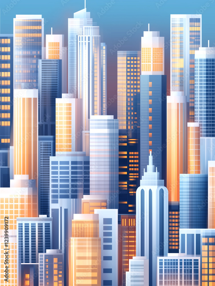 Obraz premium A cityscape with tall buildings and a bright orange sky. The buildings are lit up at night, creating a warm and inviting atmosphere. The city appears to be bustling with activity