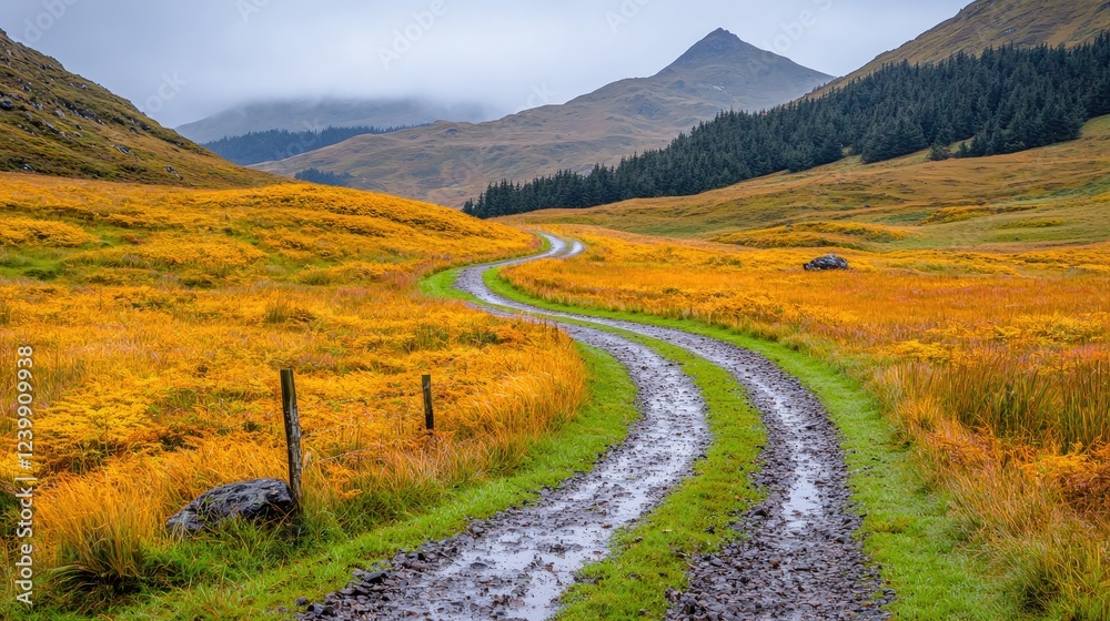 Naklejka premium Winding road through autumnal highlands