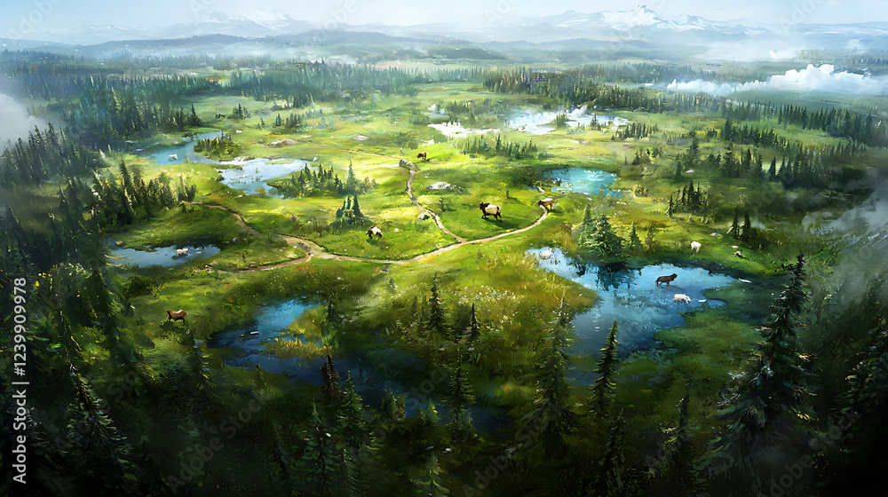 Fototapeta premium Aerial view of serene national park with lush greenery, water bodies, and grazing animals. landscape is tranquil and picturesque