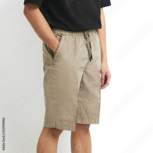 A man stands wearing khaki shorts, casually placing his hand in the pocket, ideal for relaxed summer activities outdoors with friends