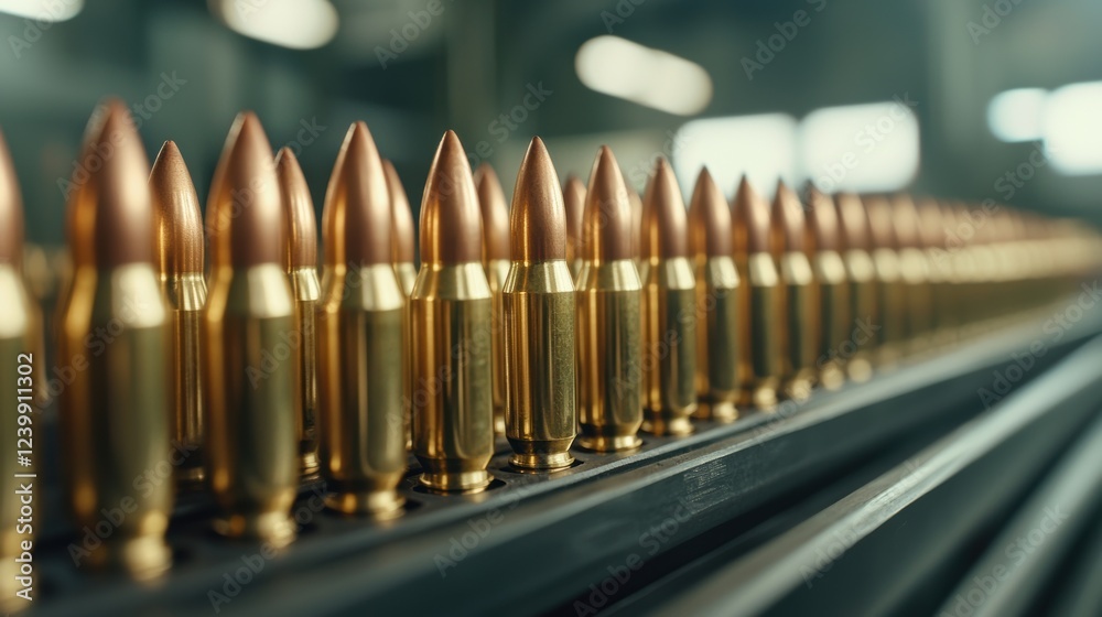 Brass rifle bullets production line factory industrial scene Brass rifle bullets production line factory industrial scene