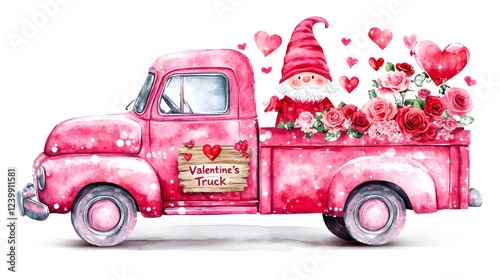 Valentine's Day pink truck with a gnome wearing a hat and flowers, on a white background, in a whimsical watercolor style, with high detail, HDR, self-shadowing