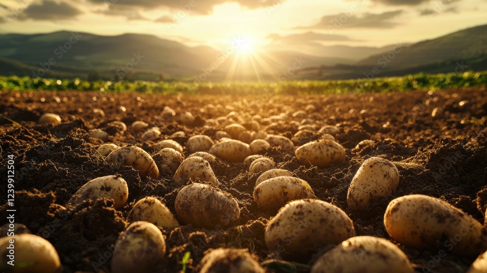 Fototapeta premium Harvesting potatoes at sunset in fertile fields nature photography