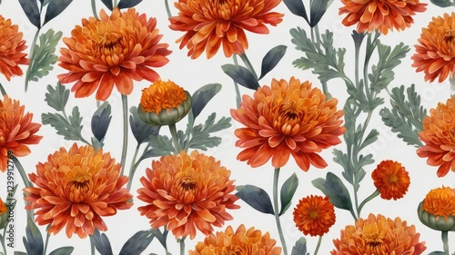 A seamless pattern featuring vibrant orange flowers against a neutral background generative ai