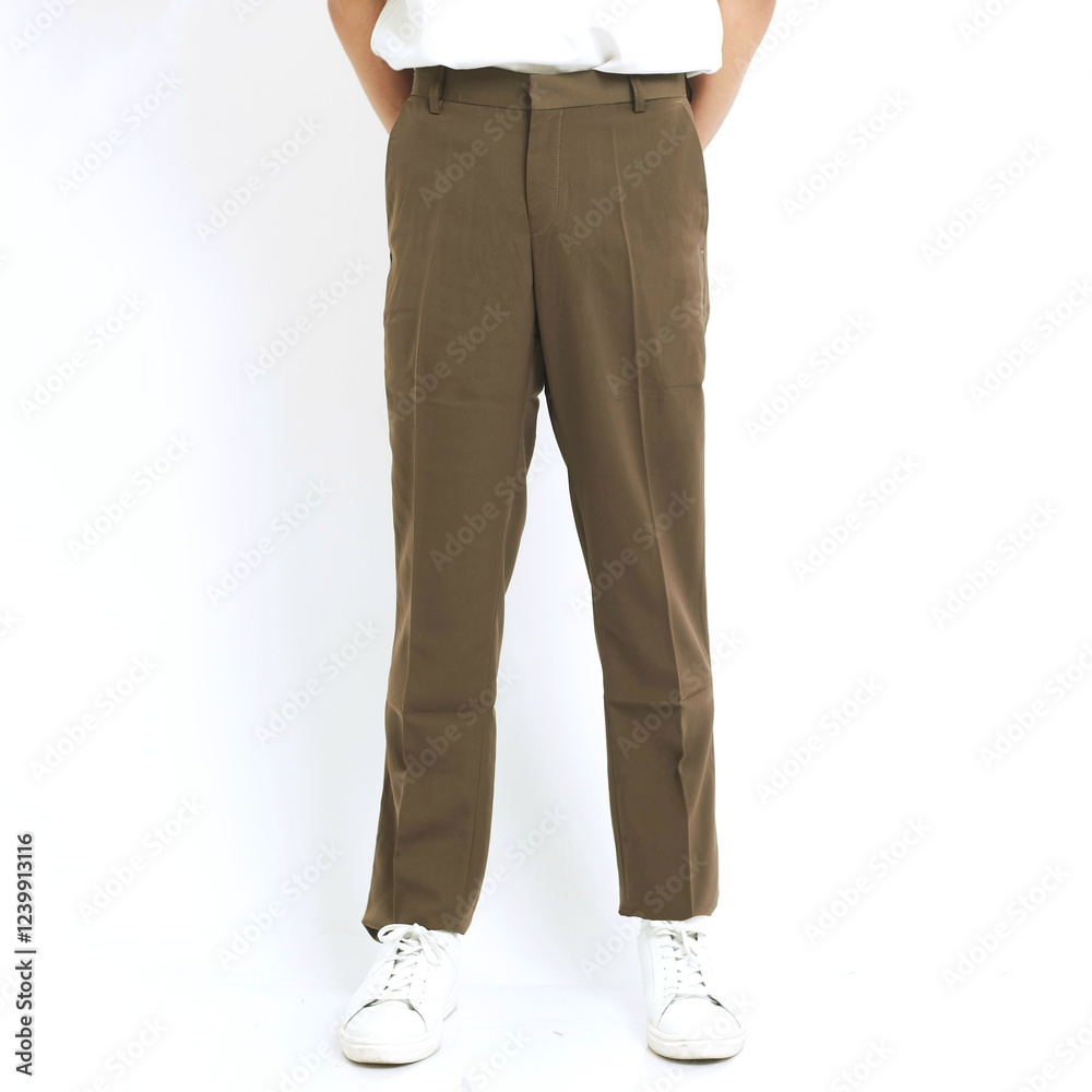 A person stands wearing brown trousers, white t-shirt, and white sneakers against a plain backdrop, showcasing a casual yet stylish look A person stands wearing brown trousers, white t-shirt, and white sneakers against a plain backdrop, showcasing a casual yet stylish look