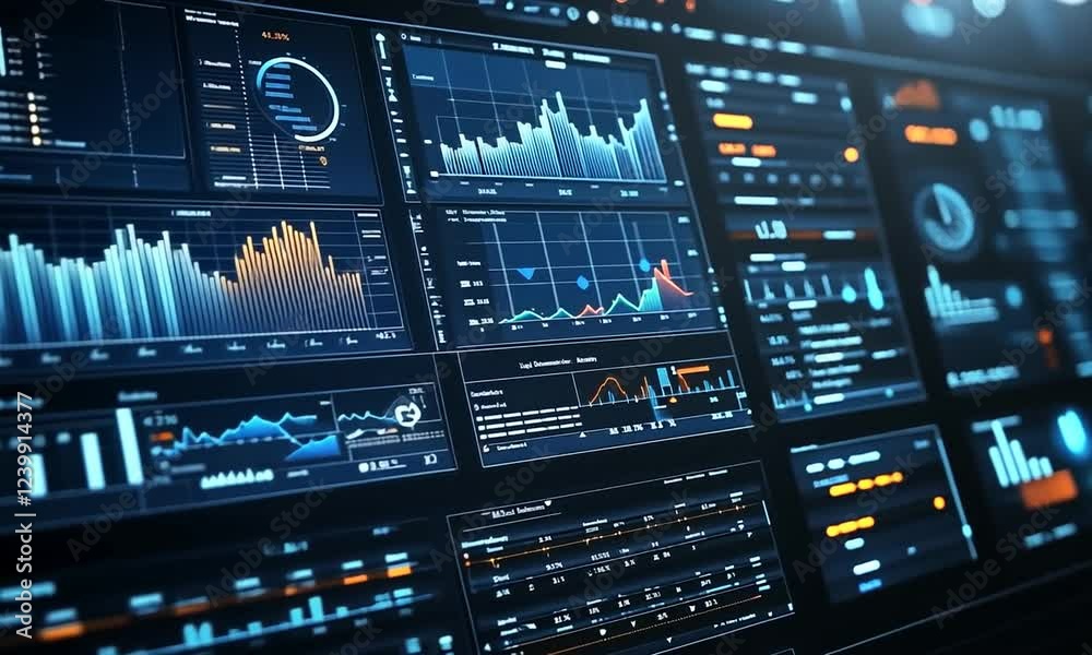 High-tech data dashboard displaying financial graphs and analytics in a modern office environment