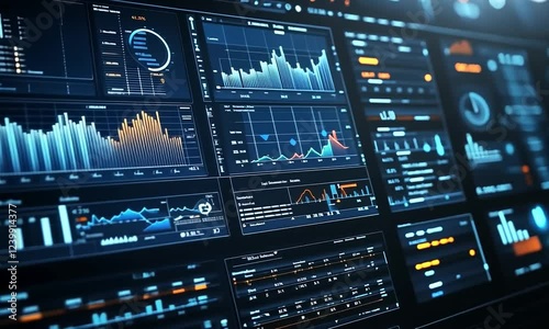 High-tech data dashboard displaying financial graphs and analytics in a modern office environment