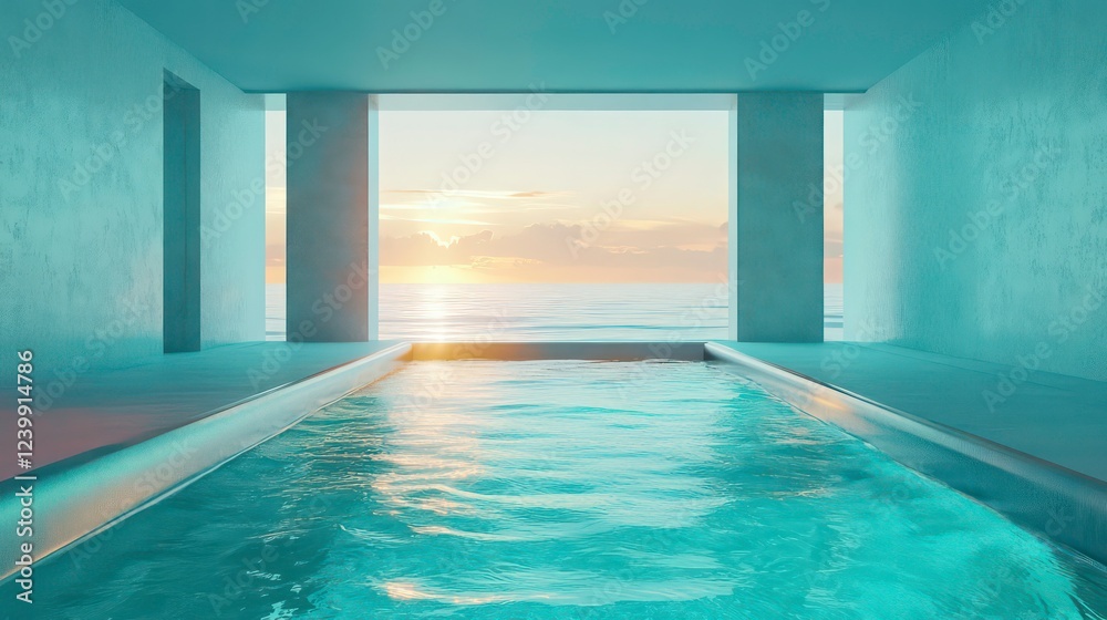 Obraz premium Indoor infinity pool with ocean sunset view.