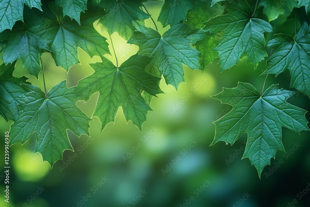 Vibrant Green Maple Leaves in a Lush Forest Setting Vibrant Green Maple Leaves in a Lush Forest Setting