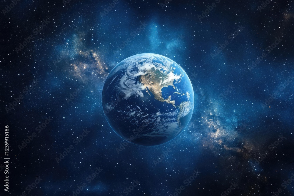 hyperrealistic earth suspended in starlit cosmos with atmospheric cloud detail