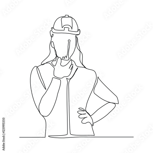 Continuous single line sketch drawing of architect engineer constructor building talking with walkie talkie radio control receiver. One line art of occupation professional work vector illustration