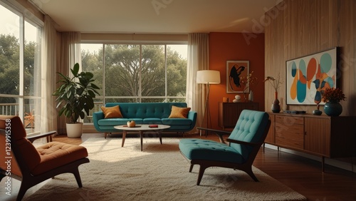 Retro 1960s interior design poster with iconic mid-century furniture and decor photo