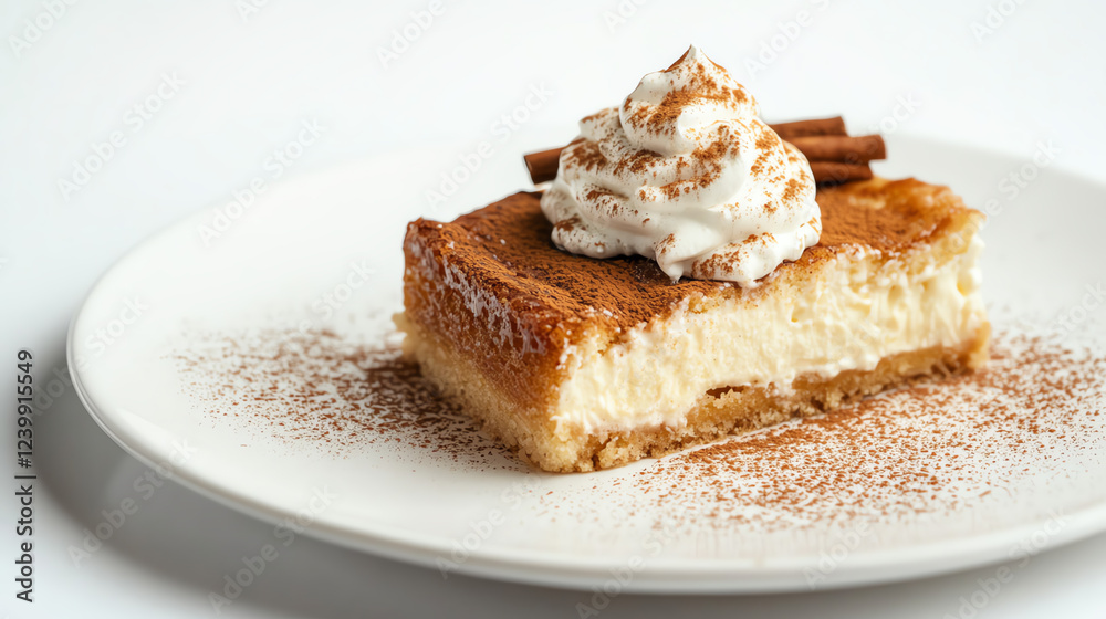 Delicious cheesecake topped with whipped cream and cinnamon, served on a white plate for a tempting dessert. Delicious cheesecake topped with whipped cream and cinnamon, served on a white plate for a tempting dessert.