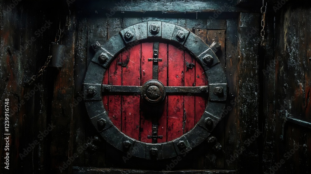 Fototapeta premium A red and black wooden circle with a cross on it