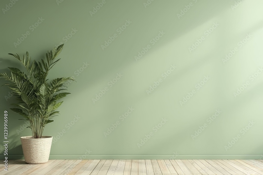 Minimalist Room with Matte Green Wall, Light Wood Paneling, and Potted Plant Minimalist Room with Matte Green Wall, Light Wood Paneling, and Potted Plant