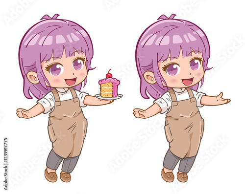 A female chibi bakery chef wearing uniform and apron, holding a plate of cake. Cute and kawaii cartoon character illustration.