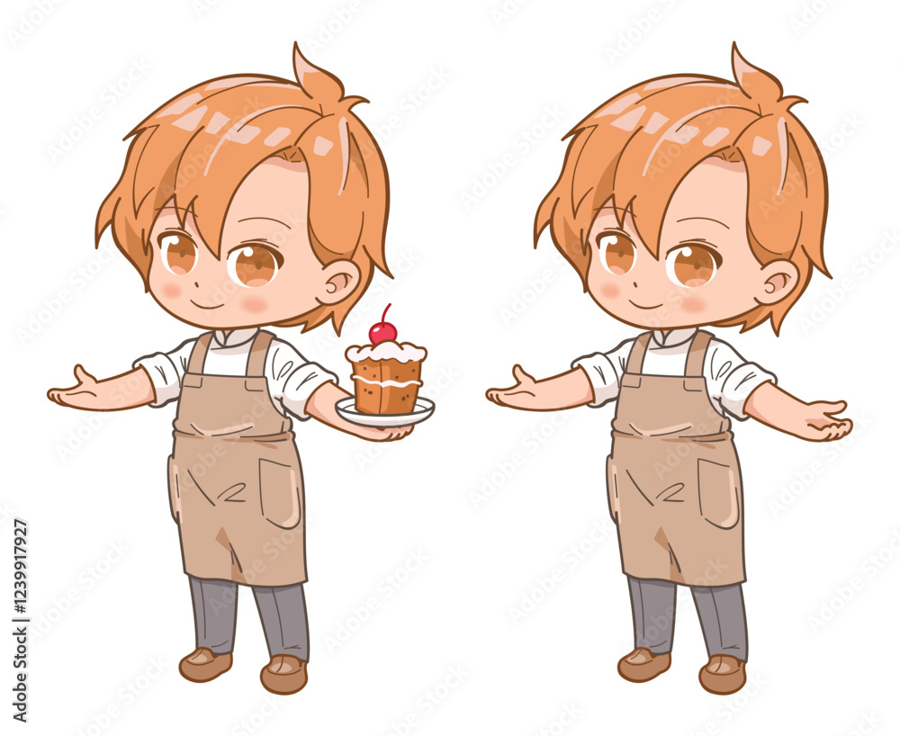 A male chibi bakery chef wearing uniform and apron, holding a plate of cake. Cute and kawaii cartoon character illustration.
